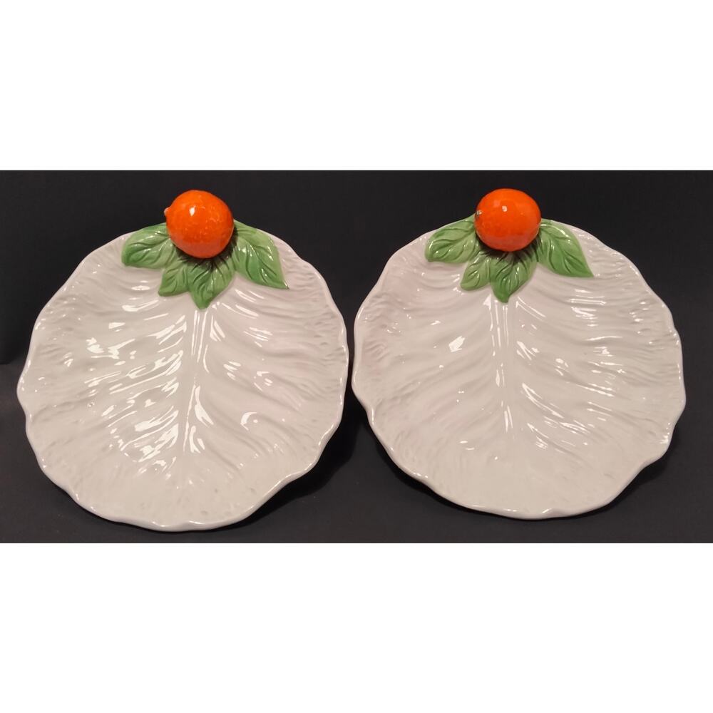 VTG White Cabbage Lettuce Leaf Citrus Hand Painted 7” Salad Plate Italy 2 Total